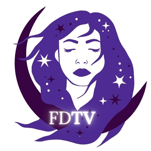 FDTV written in glowing letters with the slightly smaller "FD" an abbreviation for "fyre dreamz" and the larger "TV," for "The Verse" or, the Universe. This lettering is seated within the wild hair of a woman with her eyes closed, dreaming. Her head and hair filled with stars are framed by a dark-grape, crescent moon.